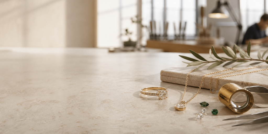 Fine jewelry pieces in a modern atelier