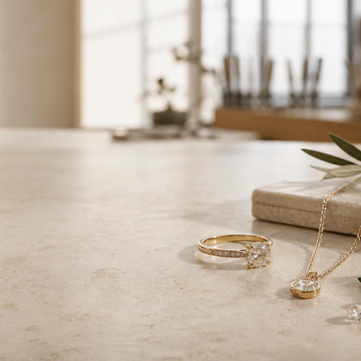 Fine jewelry pieces in a modern atelier